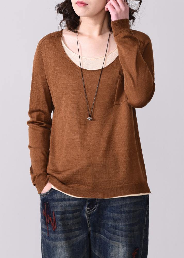 Chunky False Two Pieces Knitted Blouse Fall O Neck Sweater Brown
