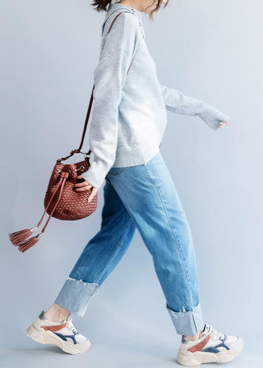 Chunky Gray Blouse Lapel Collar Fall Winter Knitted Blouse