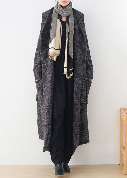 Chunky Gray Knitted Cardigans Clothing Hooded Pockets Knit Outwear