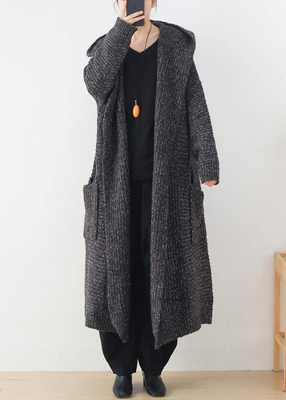 Chunky Gray Knitted Cardigans Clothing Hooded Pockets Knit Outwear