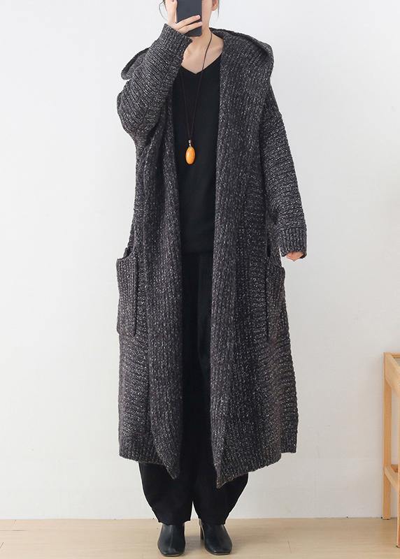 Chunky Gray Knitted Cardigans Clothing Hooded Pockets Knit Outwear