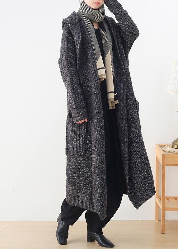 Chunky Gray Knitted Cardigans Clothing Hooded Pockets Knit Outwear