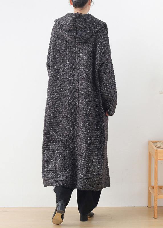 Chunky Gray Knitted Cardigans Clothing Hooded Pockets Knit Outwear