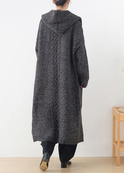 Chunky Gray Knitted Cardigans Clothing Hooded Pockets Knit Outwear