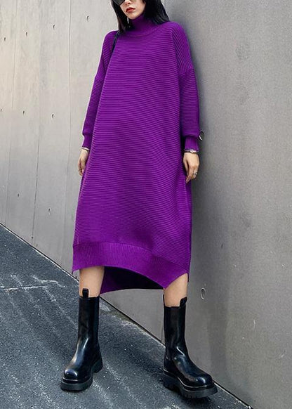 Chunky High Neck Low High Design Sweater Fall Weather Upcycle Purple Oversized Knitted Dress