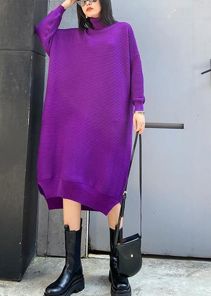 Chunky High Neck Low High Design Sweater Fall Weather Upcycle Purple Oversized Knitted Dress