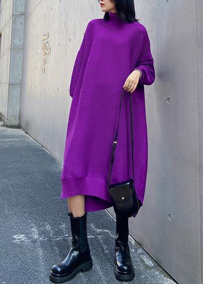 Chunky High Neck Low High Design Sweater Fall Weather Upcycle Purple Oversized Knitted Dress