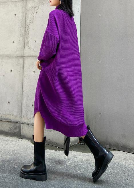 Chunky High Neck Low High Design Sweater Fall Weather Upcycle Purple Oversized Knitted Dress