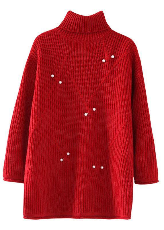 Chunky High Neck Red Sweaters Rivet Knit Top Silhouette