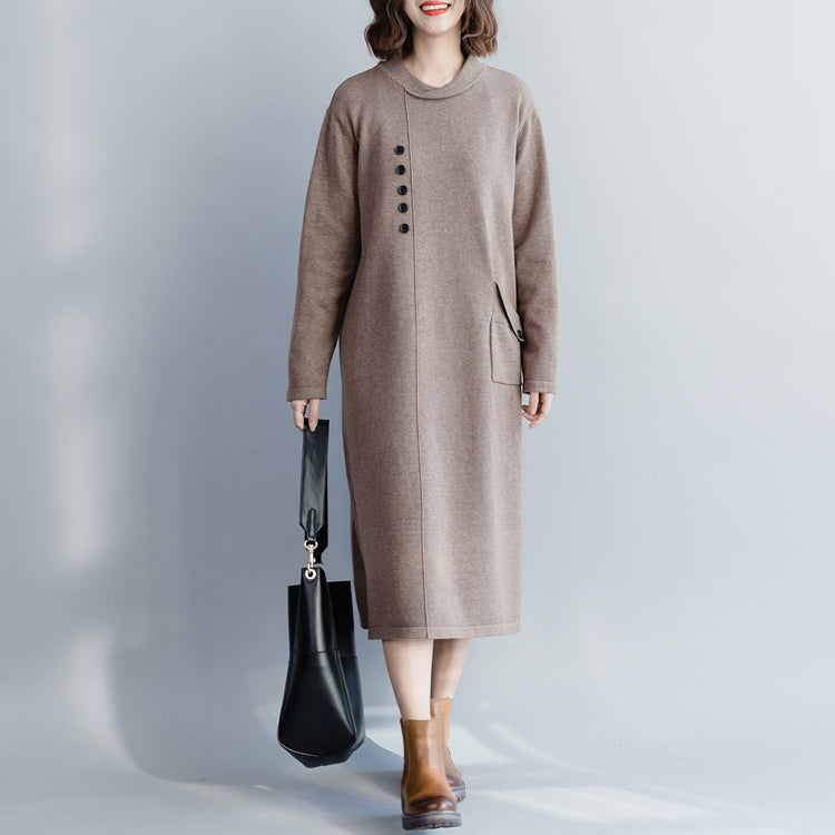 Chunky Khaki Sweater Wardrobes Street Style Big O Neck Pockets Knit Dress