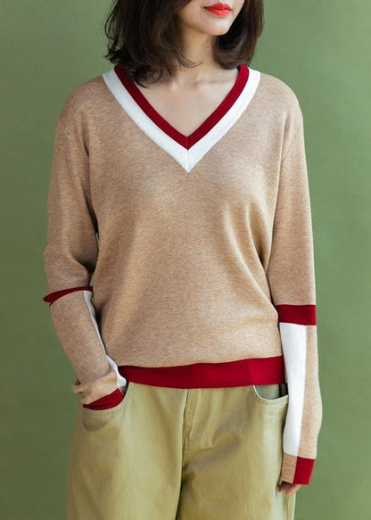 Chunky Khaki Knit Blouse V Neck Sweaters Side Open