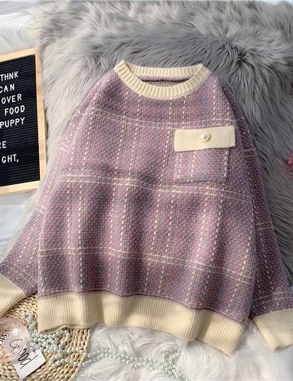 Chunky Light Purple Plaid Knitted Blouse O Neck Patchwork Top