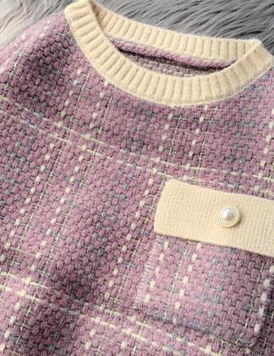 Chunky Light Purple Plaid Knitted Blouse O Neck Patchwork Top