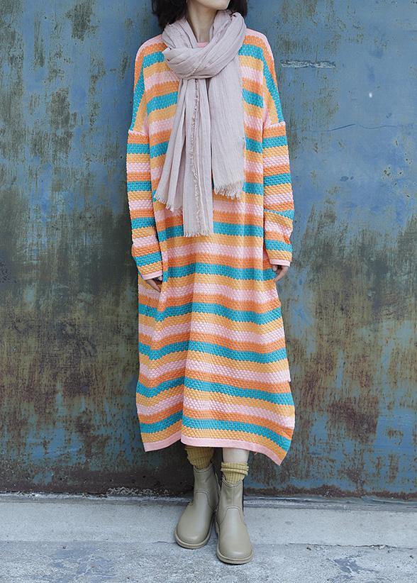 Chunky O Neck Sweater Side Open Dress Outfit Striped Baggy Knitted Tops