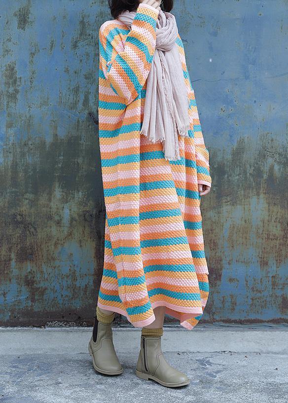 Chunky O Neck Sweater Side Open Dress Outfit Striped Baggy Knitted Tops