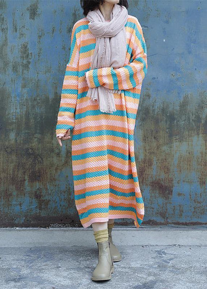 Chunky O Neck Sweater Side Open Dress Outfit Striped Baggy Knitted Tops