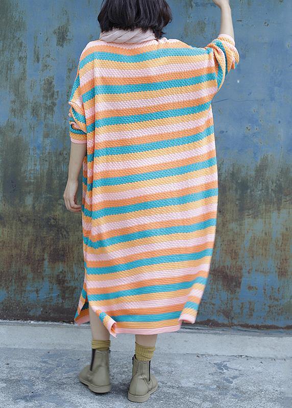 Chunky O Neck Sweater Side Open Dress Outfit Striped Baggy Knitted Tops