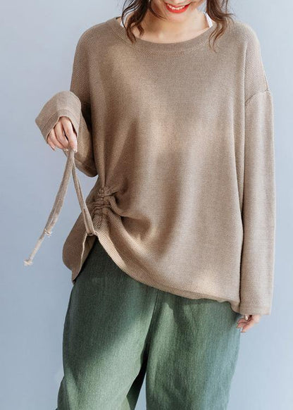 Chunky O Neck Khaki Knit Sweat Tops Fall Drawstring Knit
