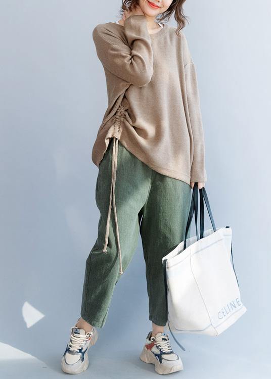 Chunky O Neck Khaki Knit Sweat Tops Fall Drawstring Knit