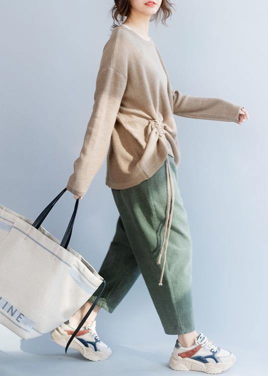 Chunky O Neck Khaki Knit Sweat Tops Fall Drawstring Knit