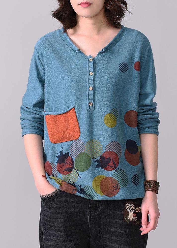 Chunky Pockets Prints Knit T Shirt Loose Fitting Blue V Neck Sweaters Long Sleeve