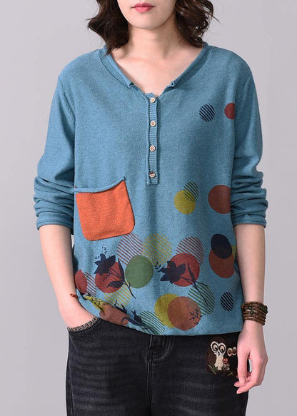 Chunky Pockets Prints Knit T Shirt Loose Fitting Blue V Neck Sweaters Long Sleeve