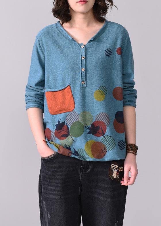 Chunky Pockets Prints Knit T Shirt Loose Fitting Blue V Neck Sweaters Long Sleeve