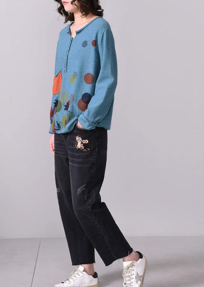 Chunky Pockets Prints Knit T Shirt Loose Fitting Blue V Neck Sweaters Long Sleeve