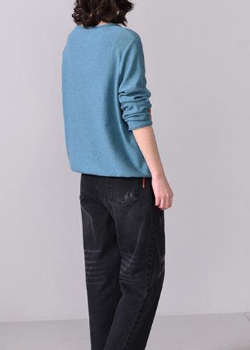 Chunky Pockets Prints Knit T Shirt Loose Fitting Blue V Neck Sweaters Long Sleeve