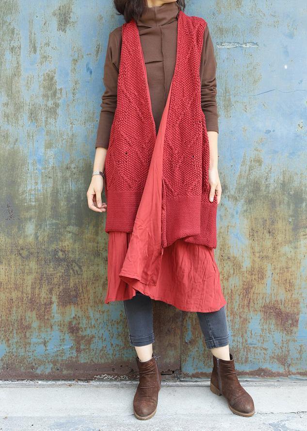 Chunky Red Knitted Cardigans Oversized Sleeveless Hollow Out Knit Outwear