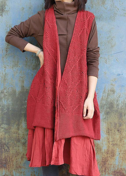 Chunky Red Knitted Cardigans Oversized Sleeveless Hollow Out Knit Outwear