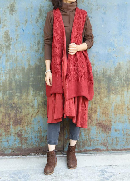 Chunky Red Knitted Cardigans Oversized Sleeveless Hollow Out Knit Outwear