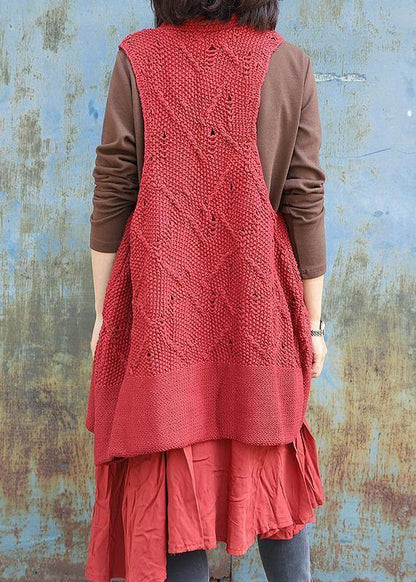 Chunky Red Knitted Cardigans Oversized Sleeveless Hollow Out Knit Outwear