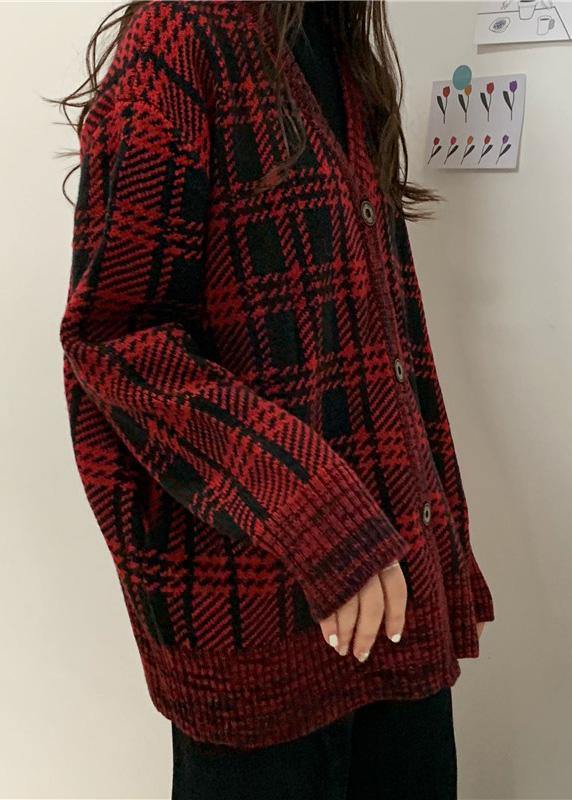 Chunky Red Plaid Knit Coats Loose Fitting Winter Knit Sweat Tops V Neck