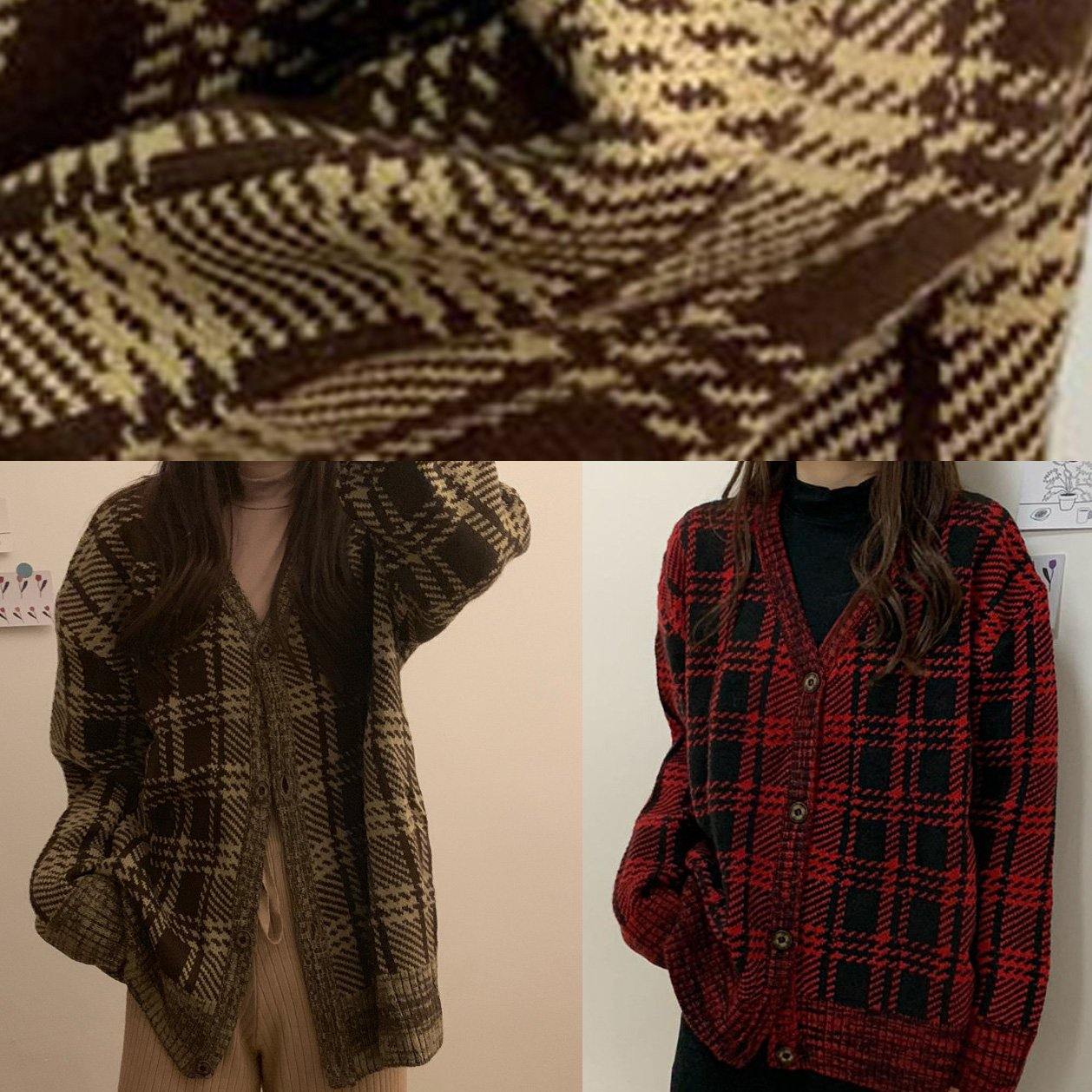Chunky Red Plaid Knit Coats Loose Fitting Winter Knit Sweat Tops V Neck