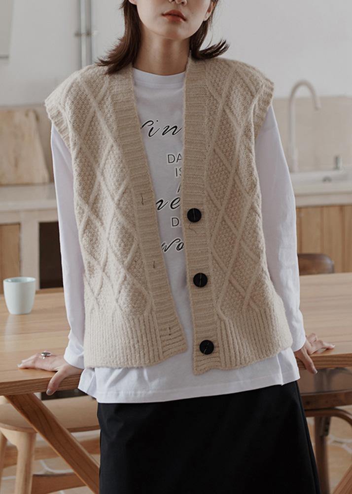 Chunky Sleeveless Beige Knitwear V Neck Knit Blouse