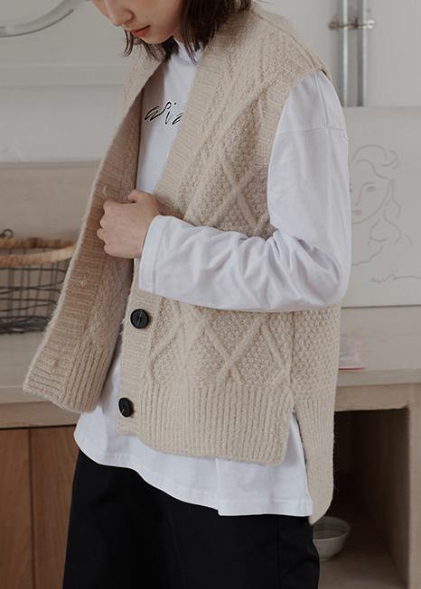 Chunky Sleeveless Beige Knitwear V Neck Knit Blouse