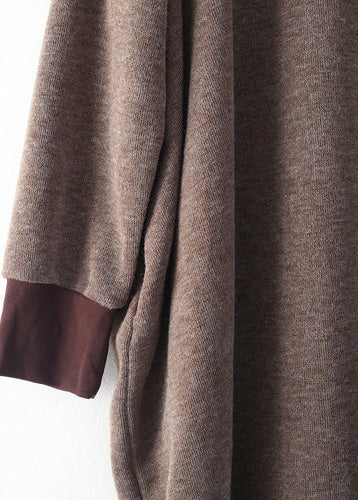 Chunky Brown Sweater Dresses Loose Fitting Pullover Boutique High Neck Winter Dress Patchwork