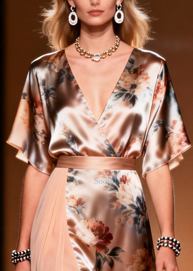 Classy Apricot Asymmetrical Patchwork Print Chiffon Long Dress Summer