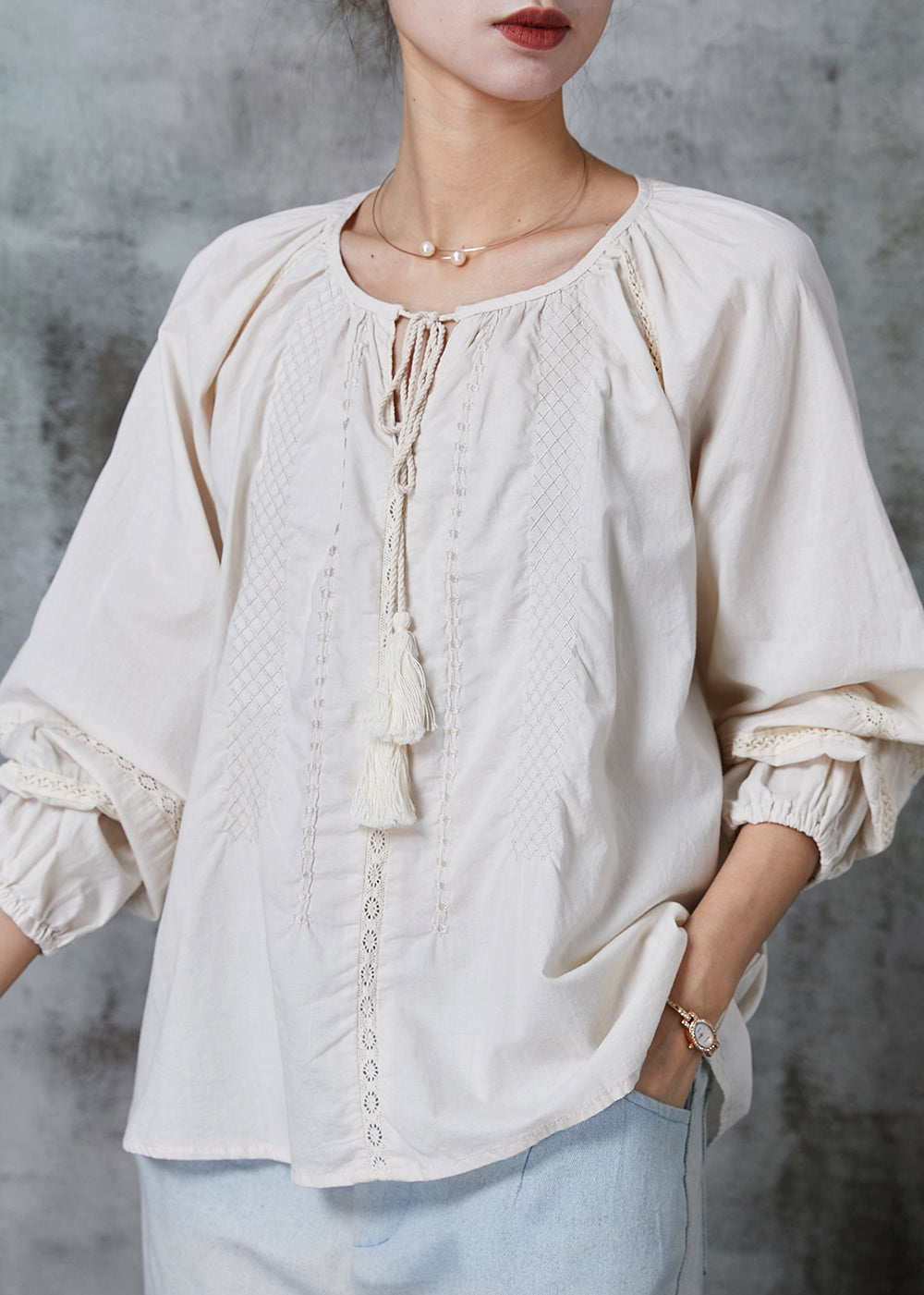 Classy Apricot Embroidered Tasseled Cotton Shirt Tops Spring