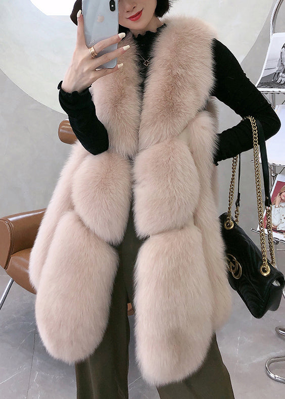 Classy Apricot Faux Fox Collar Mid Leather Waistcoat Winter