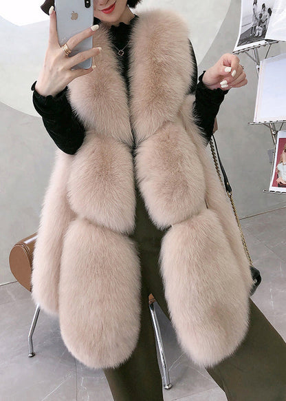 Classy Apricot Faux Fox Collar Mid Leather Waistcoat Winter
