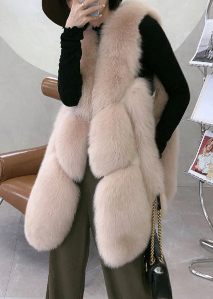 Classy Apricot Faux Fox Collar Mid Leather Waistcoat Winter