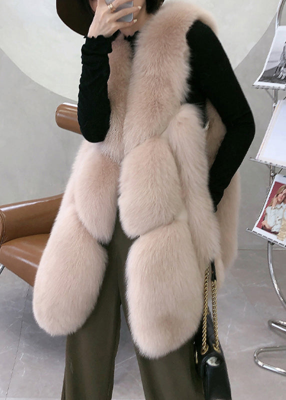 Classy Apricot Faux Fox Collar Mid Leather Waistcoat Winter