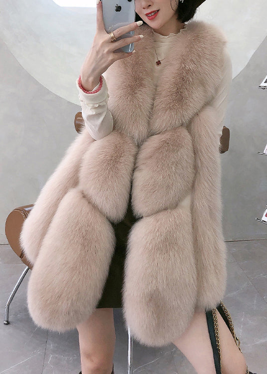 Classy Apricot Faux Fox Collar Mid Leather Waistcoat Winter