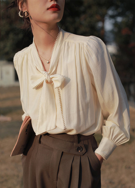 Classy Apricot Lace Up Pearl Cotton Blouses Fall