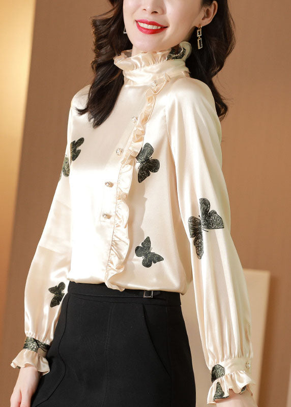 Classy Apricot Stand Collar Button Ruffled Print Silk Top Spring