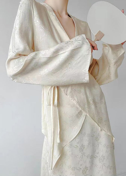 Classy Apricot V Neck Print Tie Waist Shirts Long Sleeve