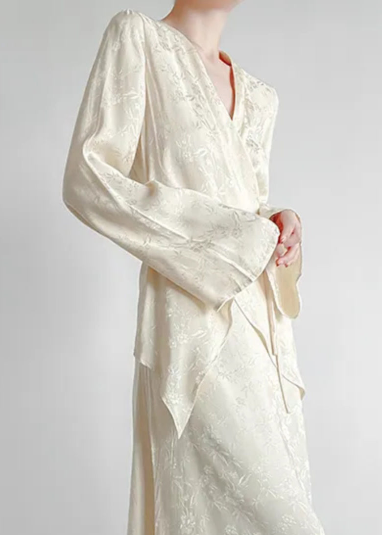 Classy Apricot V Neck Print Tie Waist Shirts Long Sleeve