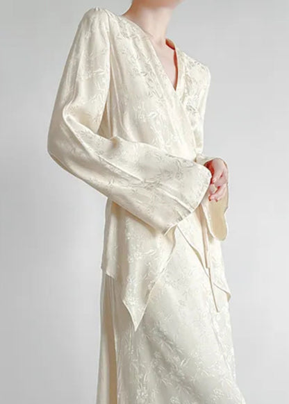Classy Apricot V Neck Print Tie Waist Shirts Long Sleeve